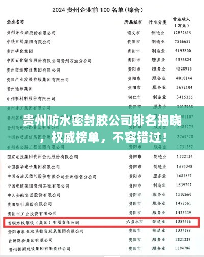 贵州防水密封胶公司排名揭晓，权威榜单，不容错过！